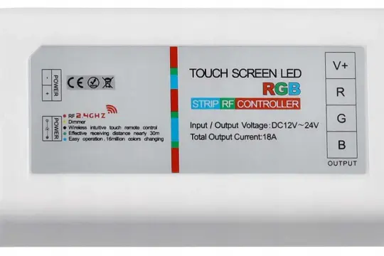 Biały sterownik RGB LED z dotykowym ekranem, zasilanie 12-24V, obsługa 16 milionów kolorów.