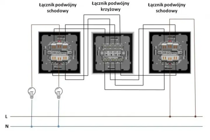 Schemat instalacji elektrycznej z użyciem łącznika podwójnego krzyżowego do sterowania oświetleniem schodowym.
