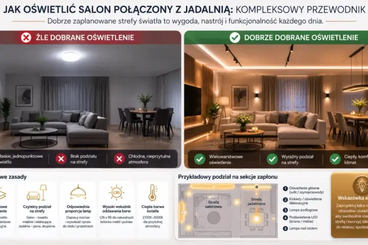 Salon z jadalnią: złe oświetlenie jest płaskie, brak podziału na strefy i chłodne. Dobre światło w salonie jest wielowarstwowe, z podziałem na strefy i ciepłe.