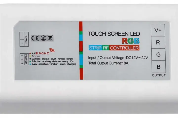 Biały sterownik RGB LED z dotykowym ekranem, zasilanie 12-24V, obsługa 16 milionów kolorów.