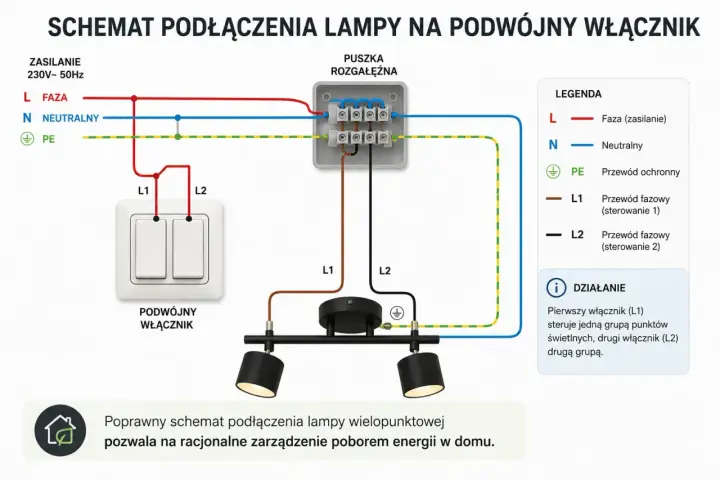 Schemat podłączenia lampy na podwójny włącznik. Pokazuje połączenie fazy, neutralnego i przewodu ochronnego do włącznika i lampy.