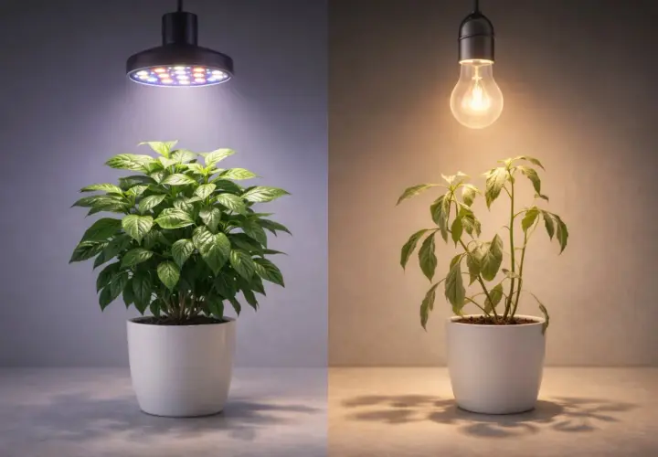 Dwie rośliny w doniczkach: jedna pod lampą LED do uprawy, druga pod tradycyjną żarówką. Czy lampy do uprawy roślin są szkodliwe dla ludzi?