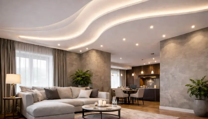 Nowoczesne wnętrze z falującym sufitem i oświetleniem punktowym bez sufitu podwieszanego. Wygodna sofa, stolik kawowy i jadalnia w tle.
