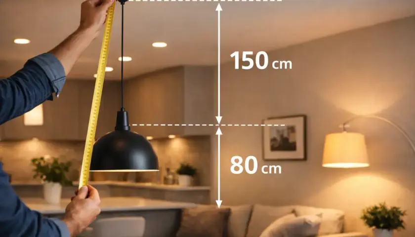 Mierzenie na jakiej wysokości kinkiet powinien wisieć. Od sufitu do lampy 150 cm, od lampy do stołu 80 cm.