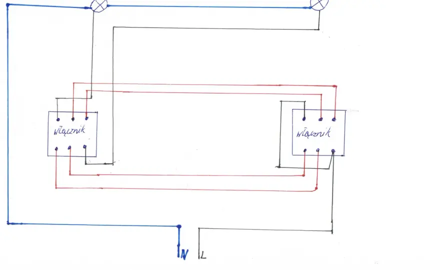 Łącznik schodowy podwójny - schemat podłączenia 2 lamp DIY