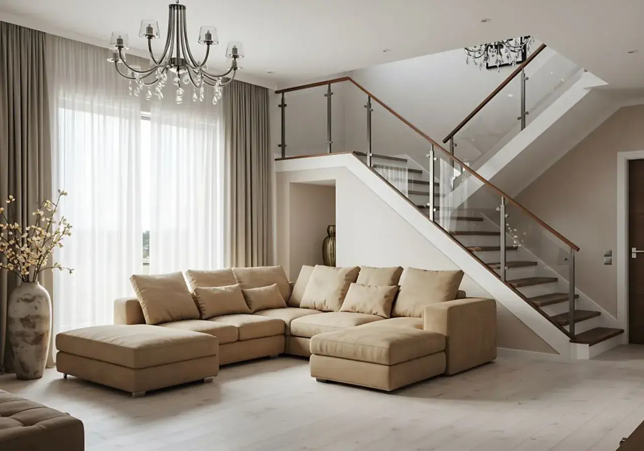 Elegancki żyrandol do pokoju 20m2, pasujący do nowoczesnego salonu z wygodną kanapą i schodami.