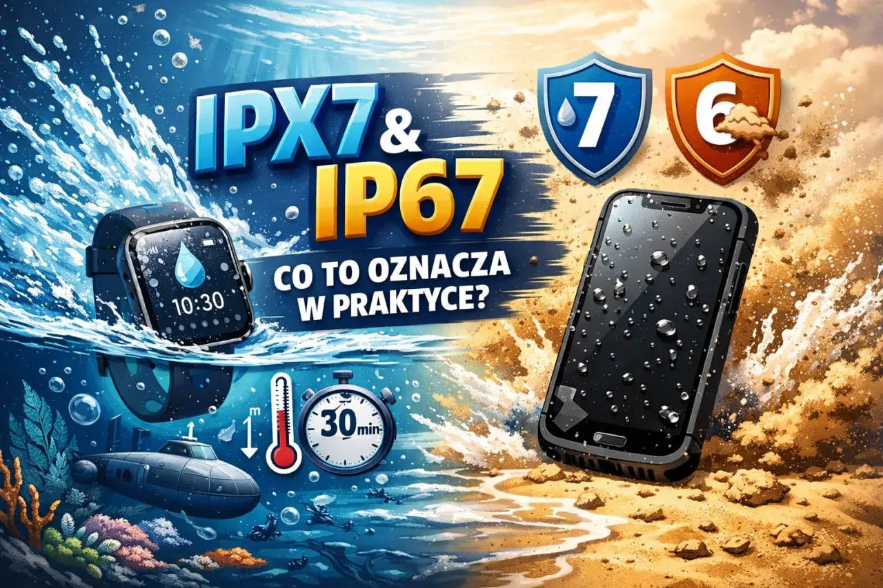 IP67 co oznacza? Smartwatch i smartfon zanurzone w wodzie, symbolizujące wodoodporność. Podwodny świat z łodzią podwodną i stoperem.