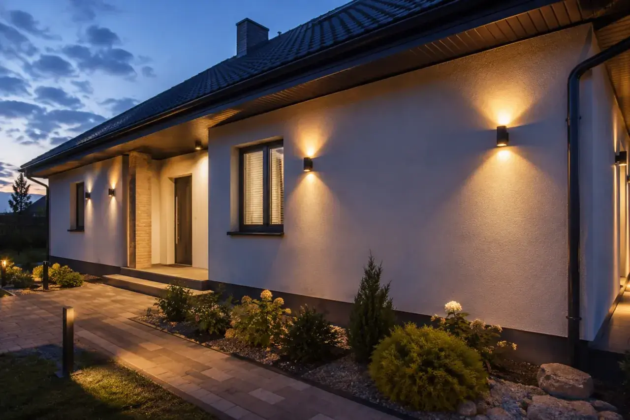 Eleganckie oświetlenie elewacji domu parterowego podkreśla architekturę i tworzy przytulną atmosferę.