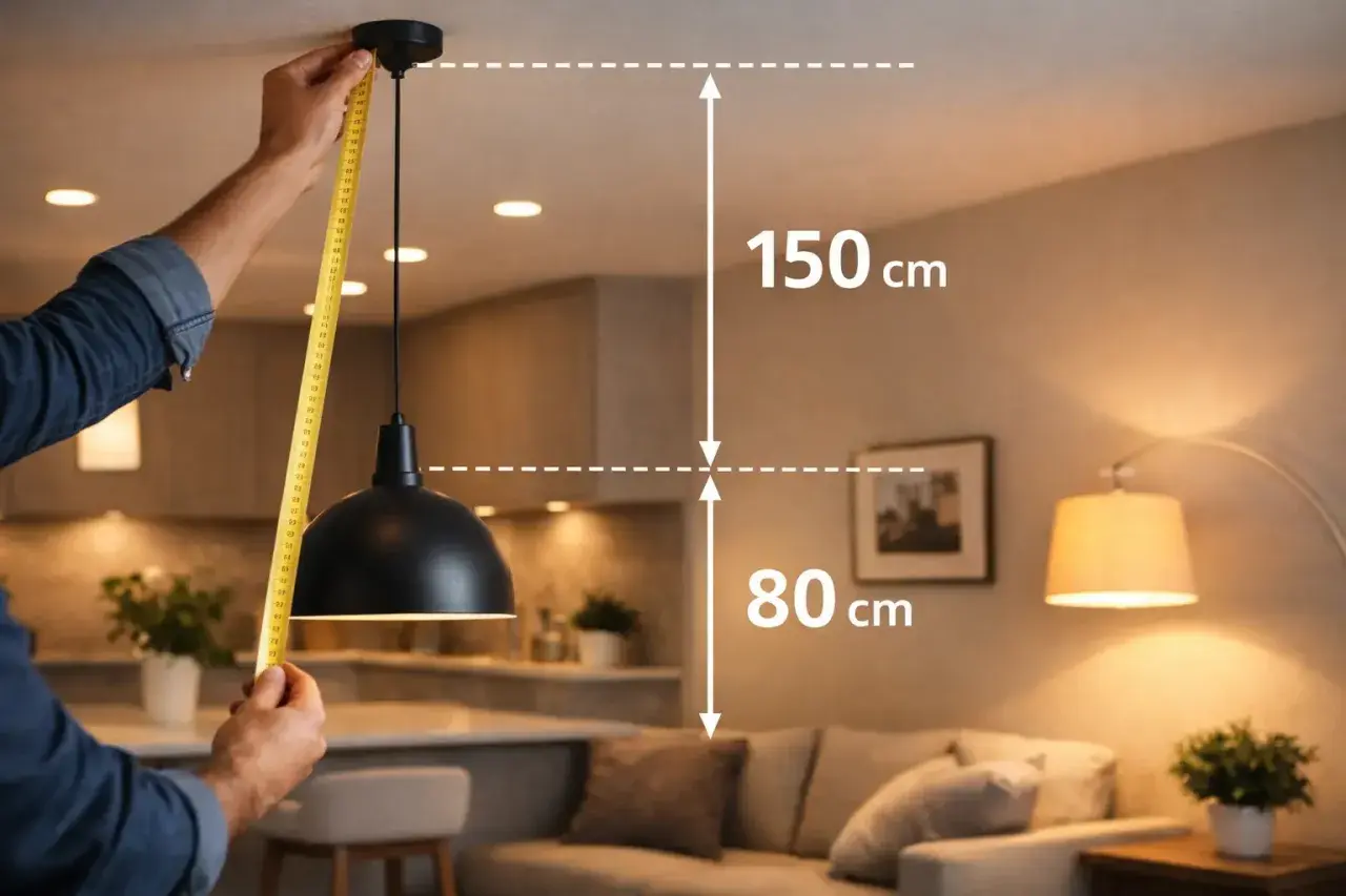 Mierzenie na jakiej wysokości kinkiet powinien wisieć. Od sufitu do lampy 150 cm, od lampy do stołu 80 cm.