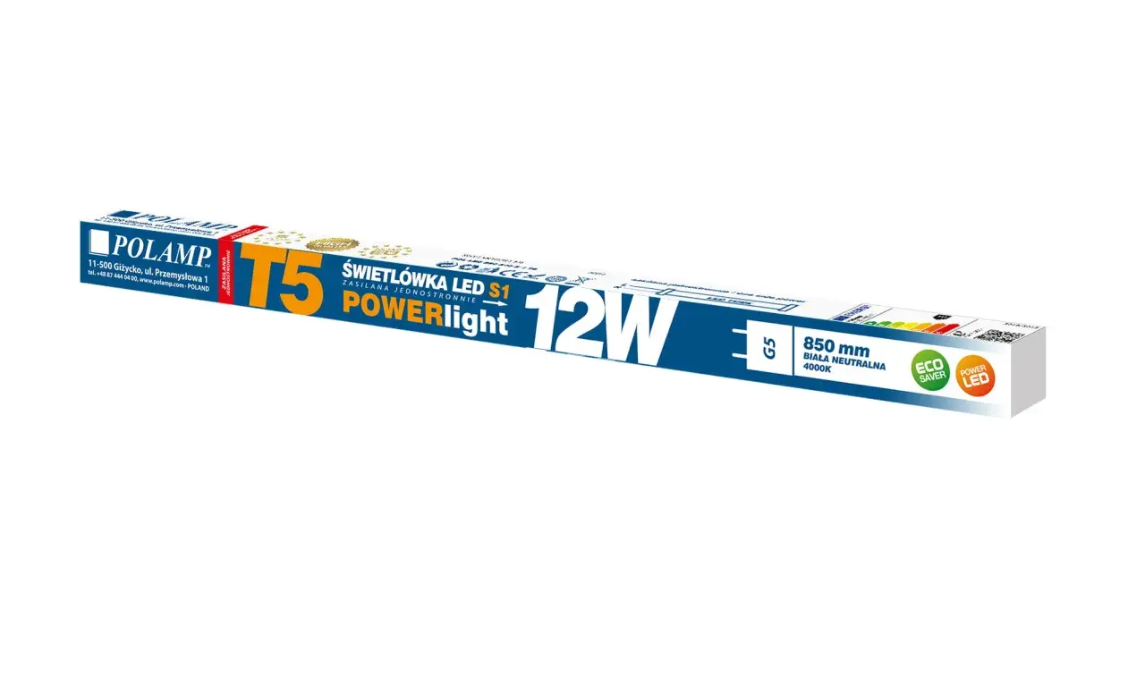 Opakowanie świetlówki LED Polamp T5 o mocy 12W, długości 850 mm, barwie białej neutralnej 4000K.