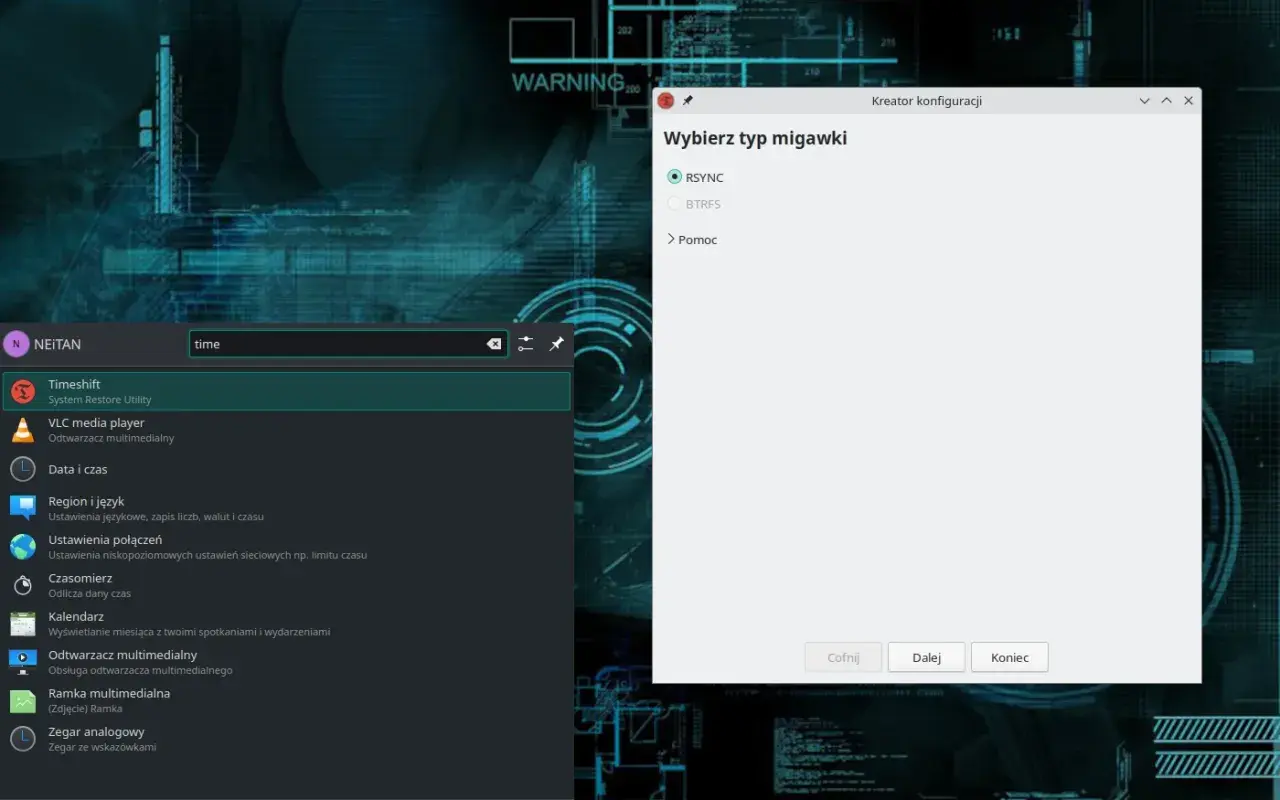 Okno "Kreator konfiguracji" z opcją wyboru typu migawki (RSYNC, BTRFS) i menu systemowym po lewej.