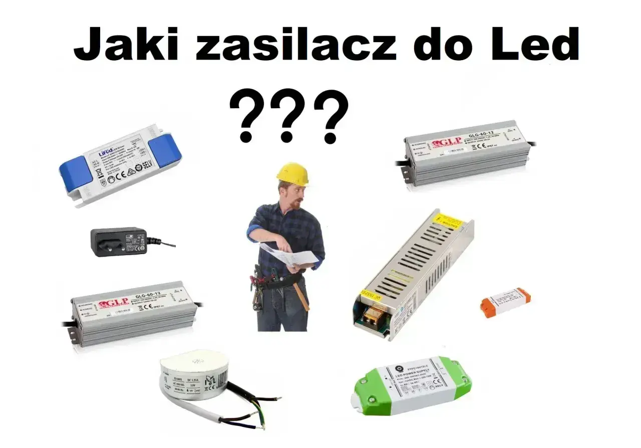 Jaki zasilacz do LED? Różne modele zasilaczy, od małych kostek po większe, metalowe obudowy, obok pracownika w kasku analizującego dokumentację.