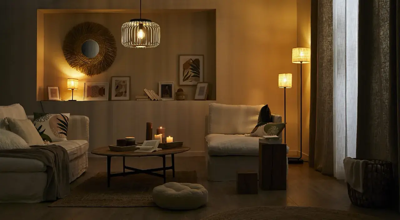 Przytulny salon z dwiema lampami, które tworzą ciepłą atmosferę. Na stoliku kawowym palą się świece.