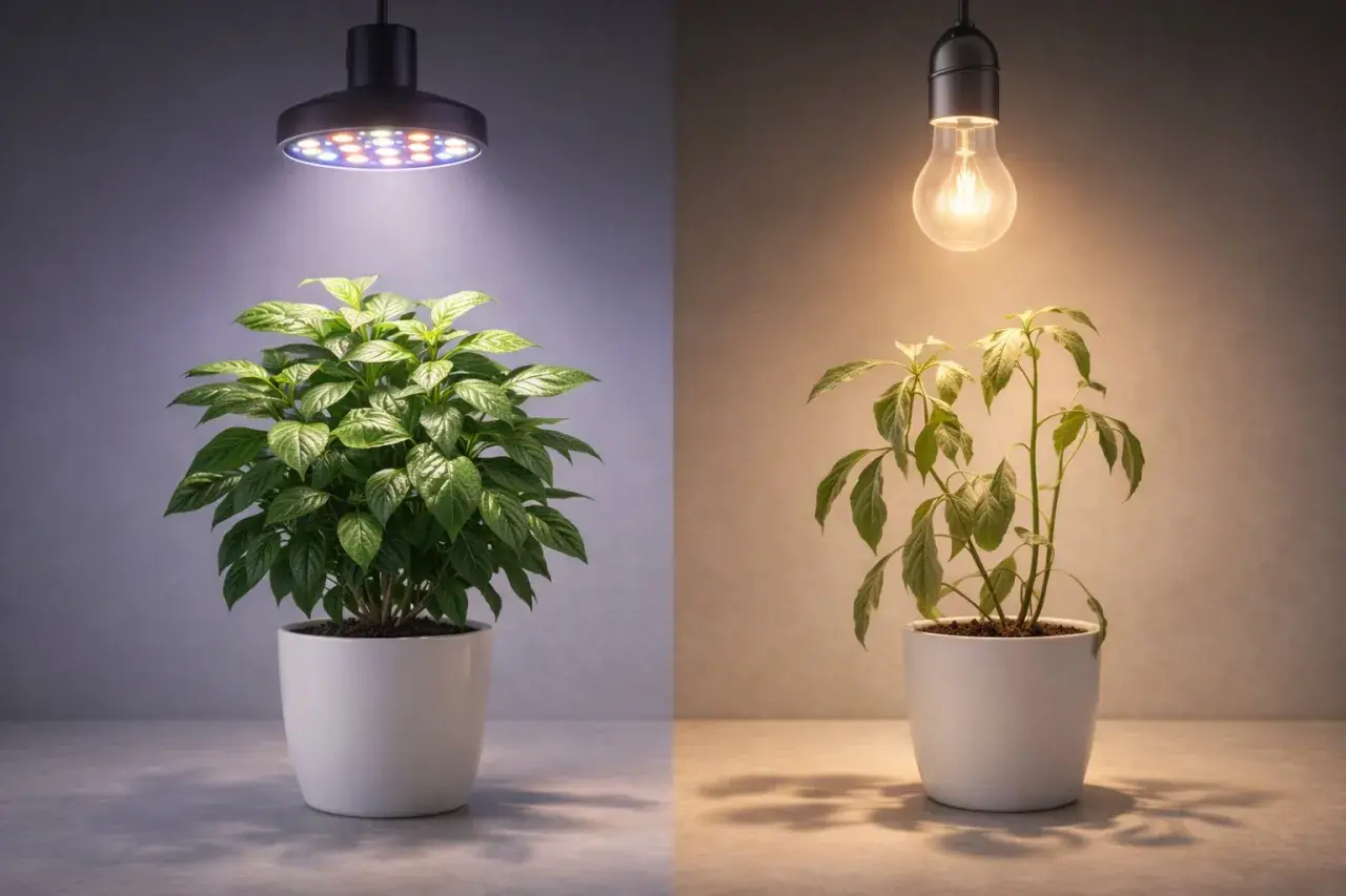 Dwie rośliny w doniczkach: jedna pod lampą LED do uprawy, druga pod tradycyjną żarówką. Czy lampy do uprawy roślin są szkodliwe dla ludzi?