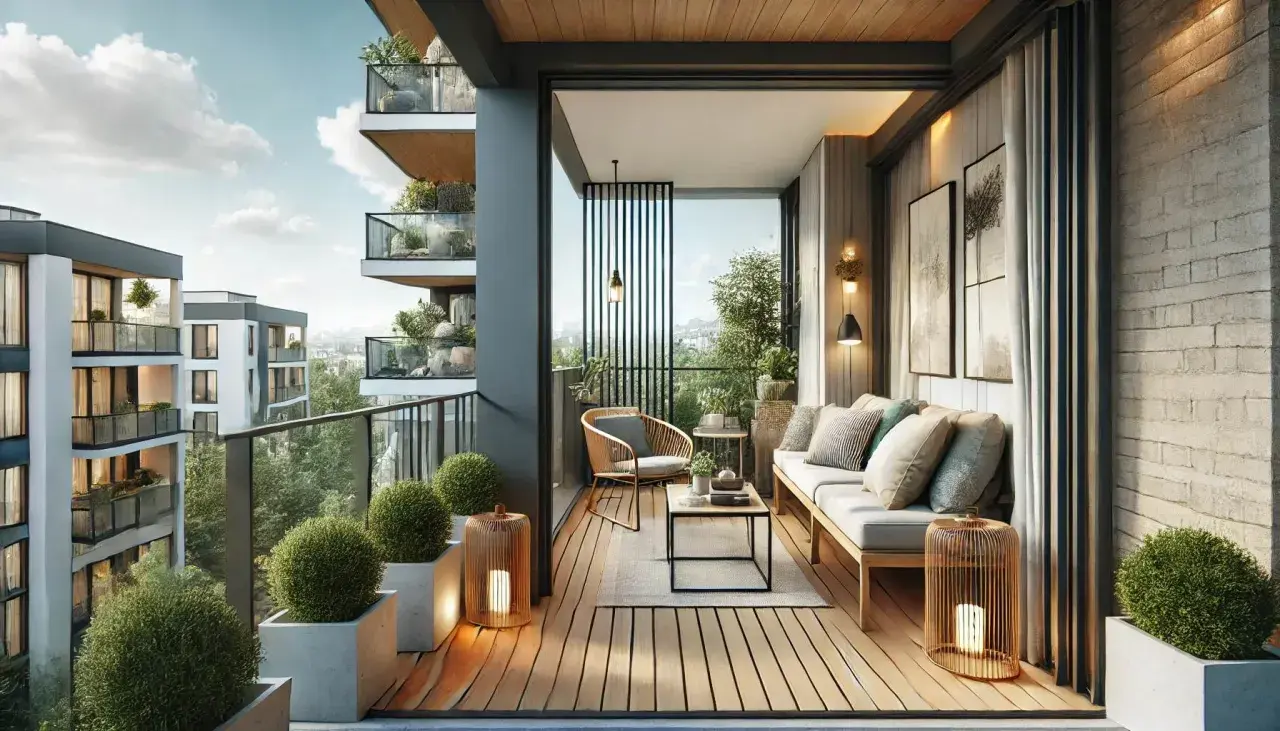 Nowoczesny balkon z wygodną sofą i fotelem. Jak zawiesić lampki na balkonie? Wystarczy postawić je w ozdobnych latarenkach, by stworzyć przytulny klimat.