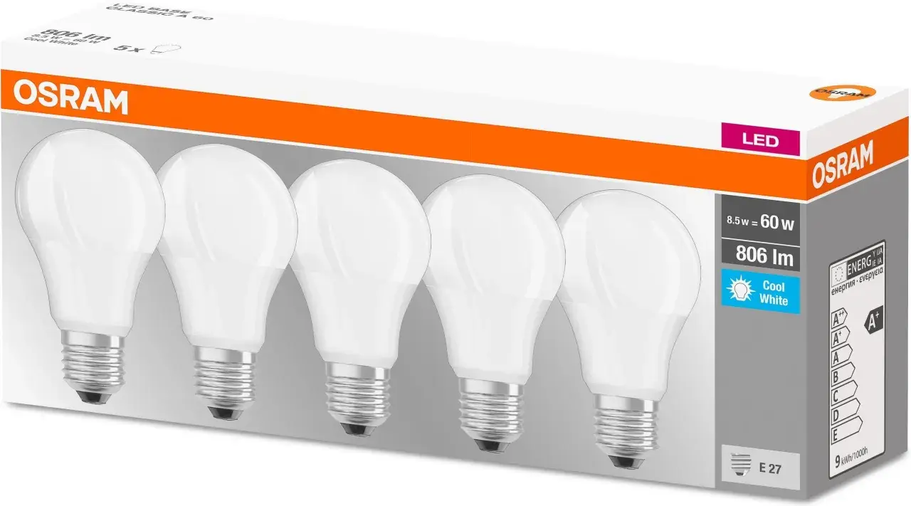 Opakowanie żarówek LED OSRAM zawiera 5 sztuk. Każda żarówka o mocy 8.5W daje 806 lumenów, co odpowiada tradycyjnej żarówce 60W.