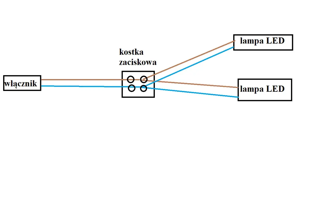 Schemat pokazuje, jak podłączyć dwie lampy LED pod jeden włącznik pojedynczy za pomocą kostki zaciskowej.