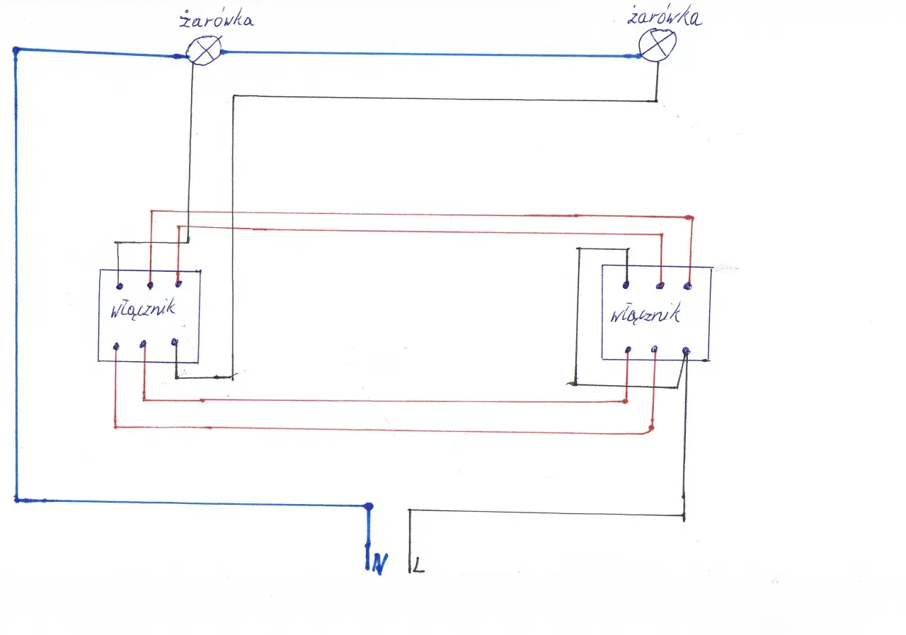 Schemat instalacji elektrycznej z dwoma wyłącznikami i żarówkami.