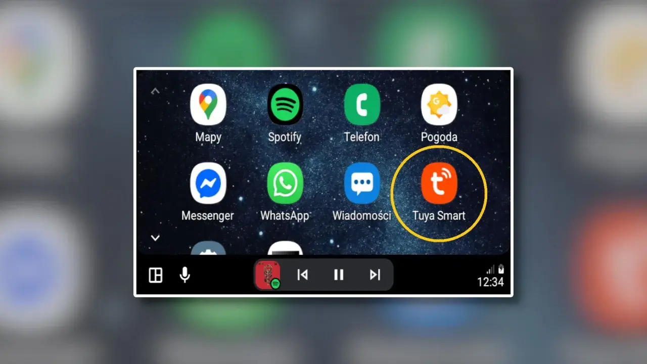 Ekran z aplikacjami, w tym Tuya Smart, Mapy, Spotify, Telefon, Pogoda, Messenger, WhatsApp i Wiadomości.