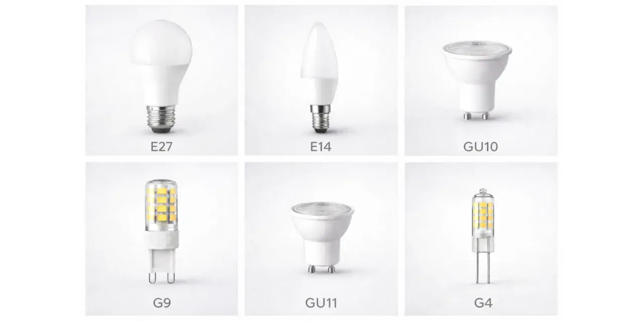 Różne rodzaje żarówek LED z gwintami E27, E14, GU10, G9, GU11, G4.