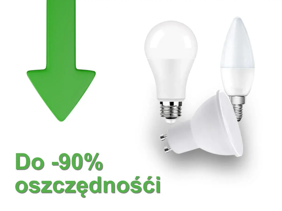 Oszczędzaj do 90% energii dzięki nowoczesnym żarówkom z małym gwintem. Zielona strzałka w dół symbolizuje oszczędności.