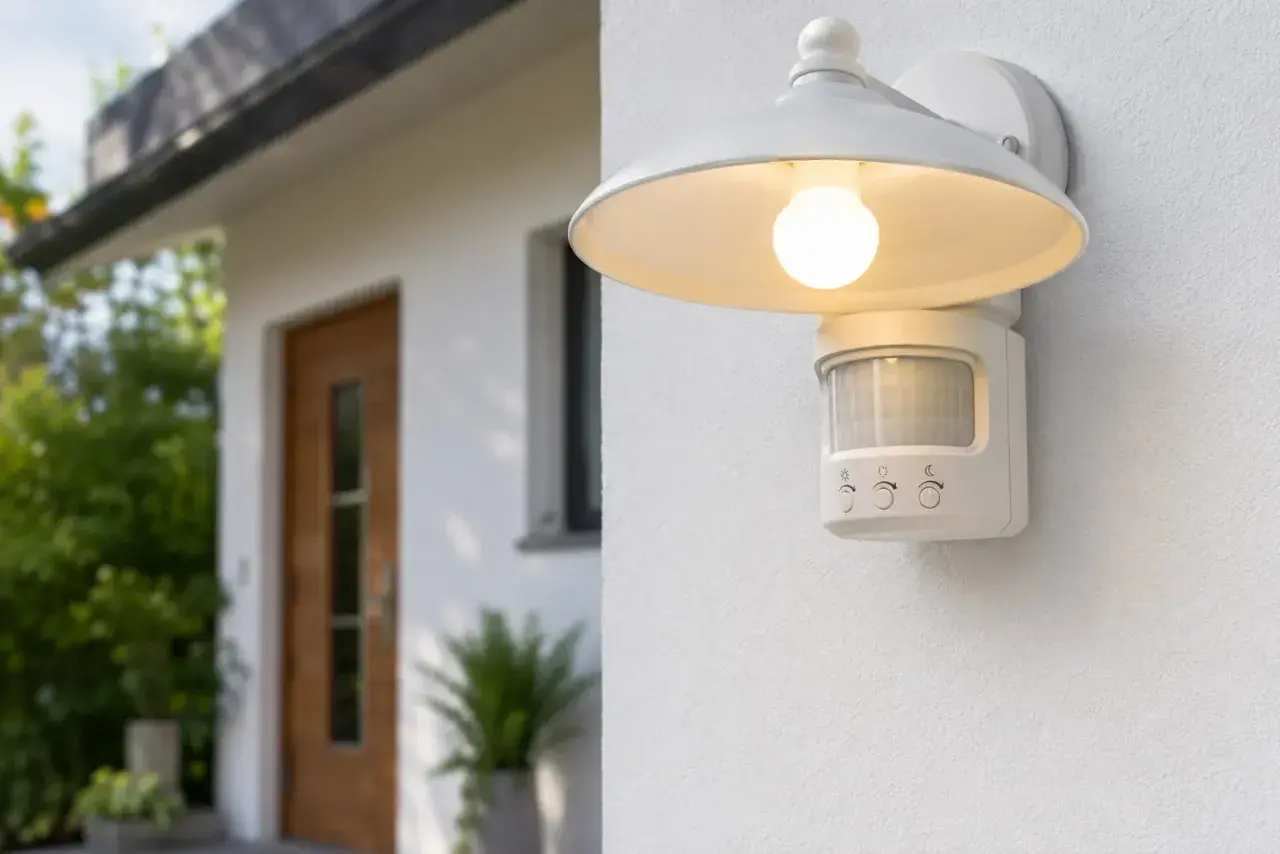 Lampa zewnętrzna z czujnikiem ruchu. Regulacja czujnik ruchu 3 pokrętła pozwala dostosować jej działanie do potrzeb.