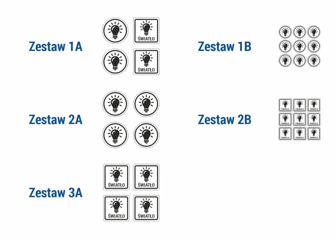 Zestawy oznaczeń włączników światła: ikony żarówki w okręgu i kwadracie z napisem "ŚWIATŁO".