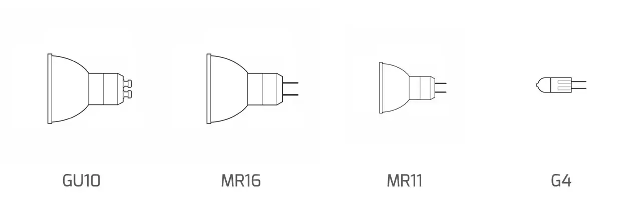 Różne rodzaje żarówek halogenowych: GU10, MR16, MR11 i G4.