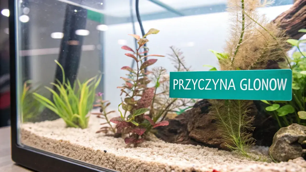W akwarium, pod niebieskim światłem, rosną rośliny. Tabliczka informuje o "przyczynach glonów".