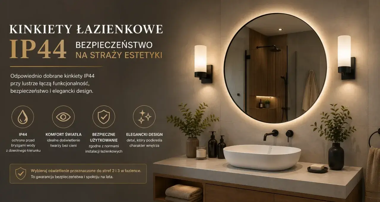 Nowoczesna łazienka z okrągłym lustrem i kinkietami IP44. Oświetlenie zapewnia bezpieczeństwo i elegancki design.