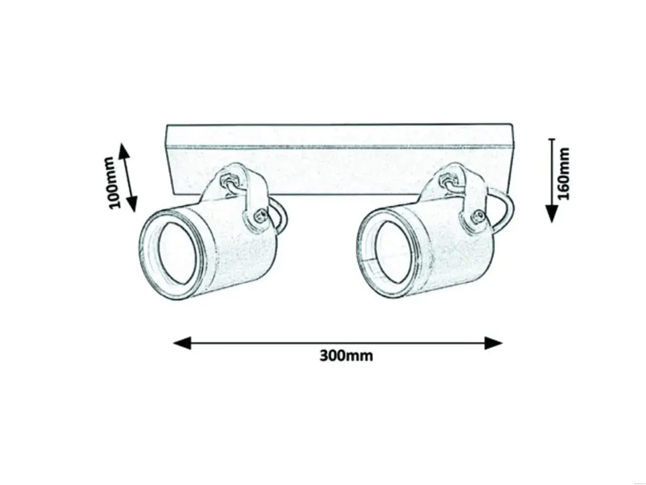 Rysunek techniczny kinkietu zewnętrznego z podanymi wymiarami: 300mm szerokości, 100mm wysokości i 160mm głębokości.