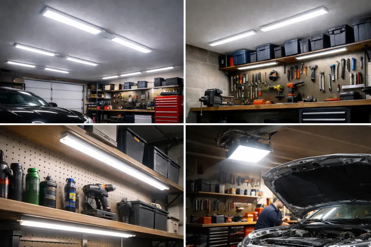 Jasne, oto opis:

Jasny garaż z wieloma lampami LED. Widać samochód, narzędzia na ścianie i półki z pojemnikami. Idealne oświetlenie, gdy zastanawiasz się, jakie lampy do garażu wybrać.