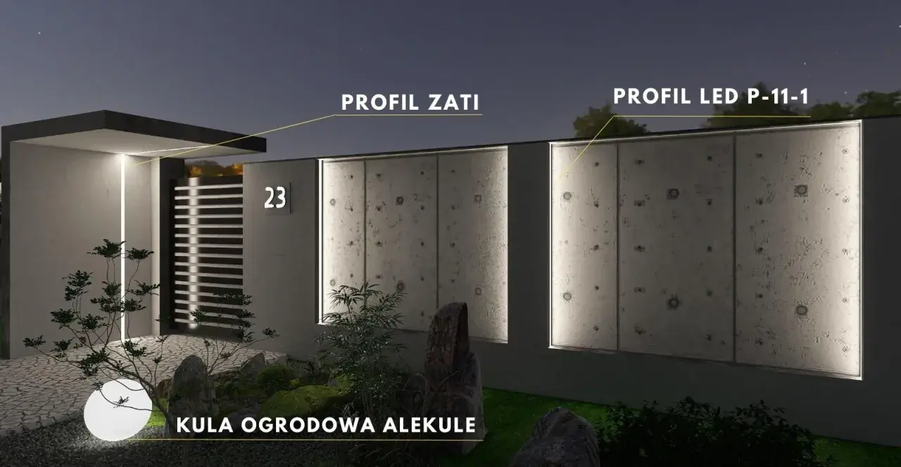 Nowoczesne oświetlenie ogrodzenia z betonowymi panelami, bramą i kulą ogrodową.