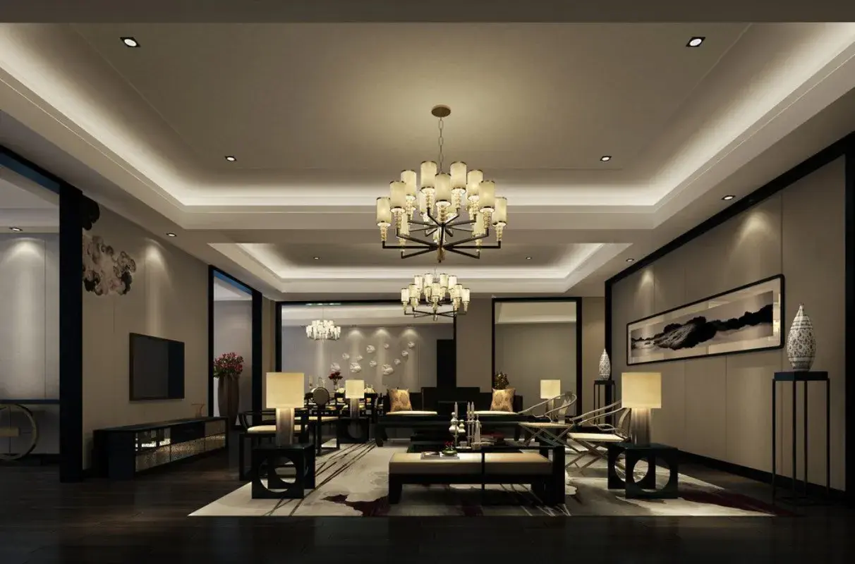 Eleganckie wnętrze z różnymi rodzajami lamp: żyrandolami, kinkietami i lampami stołowymi, tworzącymi przytulną atmosferę.