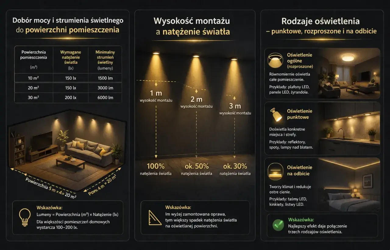 Dobór mocy i strumienia świetlnego (lumenów) do powierzchni pomieszczenia. Tabela pokazuje, ile lumenów potrzeba na 10, 20 i 30 m².