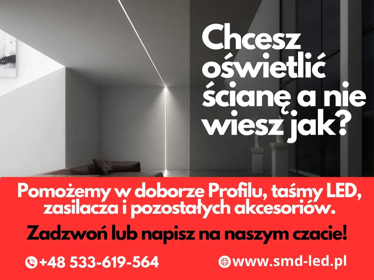 Nowoczesne oświetlenie ściany z taśmą LED. Pomożemy dobrać profil i szerokość taśmy LED. Zadzwoń!
