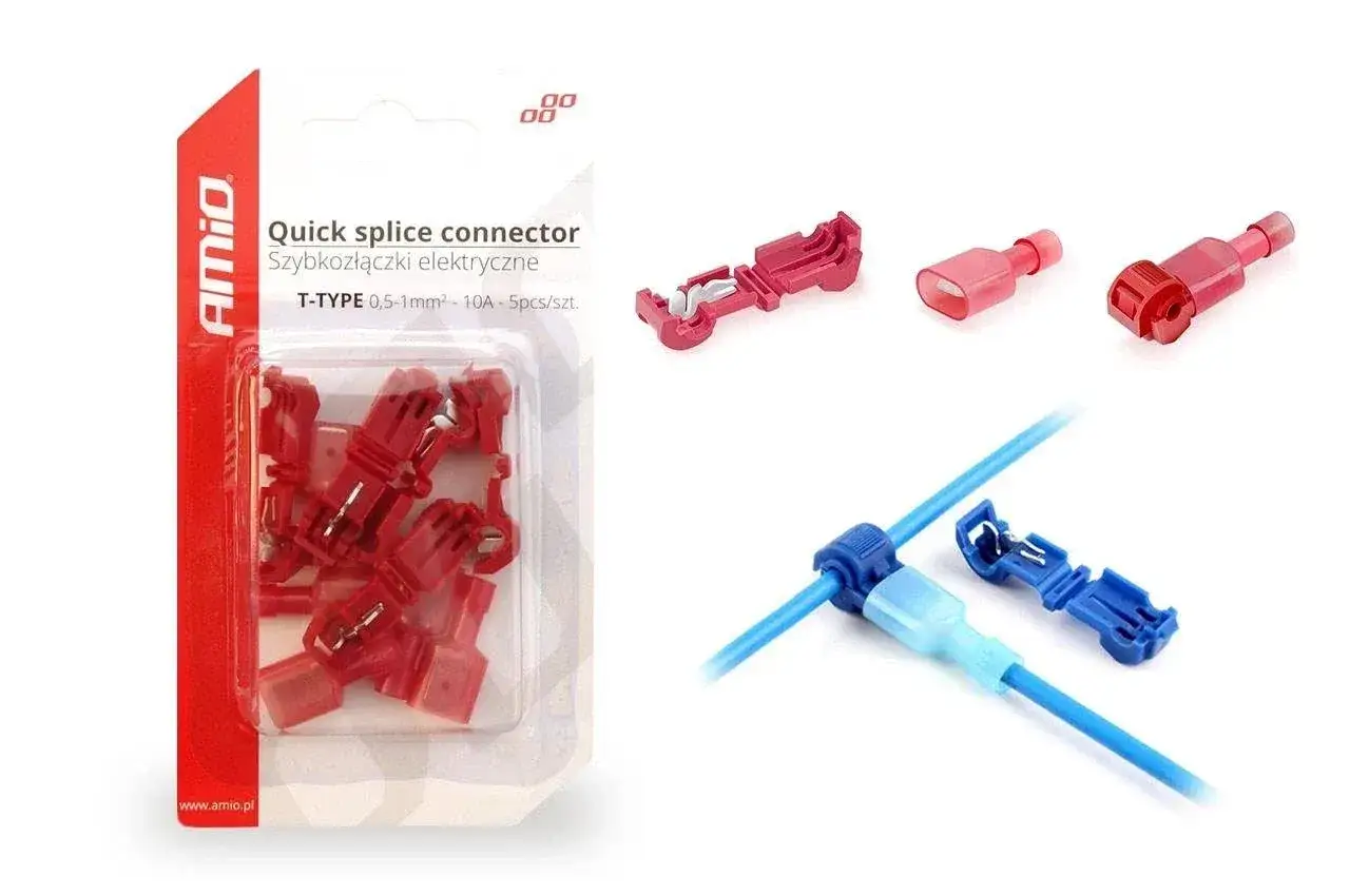 Czerwone i niebieskie szybkozłączki elektryczne, które ułatwiają łączenie przewodów. To praktyczne rozwiązanie zamiast tradycyjnej wago czy kostka.