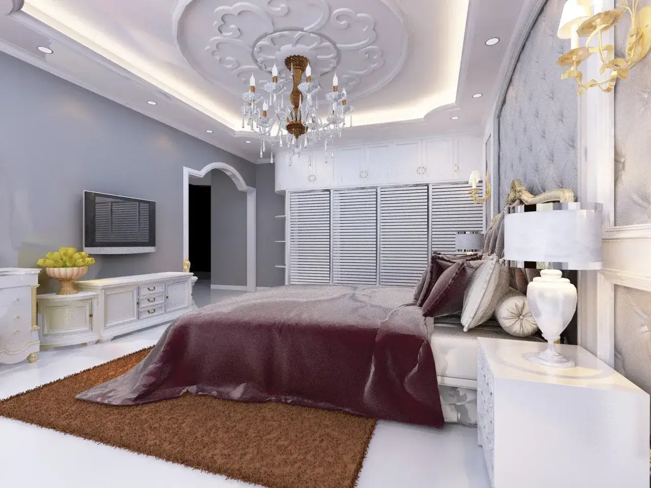 Elegancka sypialnia z dużym łóżkiem. Kinkiet przy łóżku zamontowany jest na wysokości około 60 cm od materaca, zapewniając komfortowe oświetlenie.