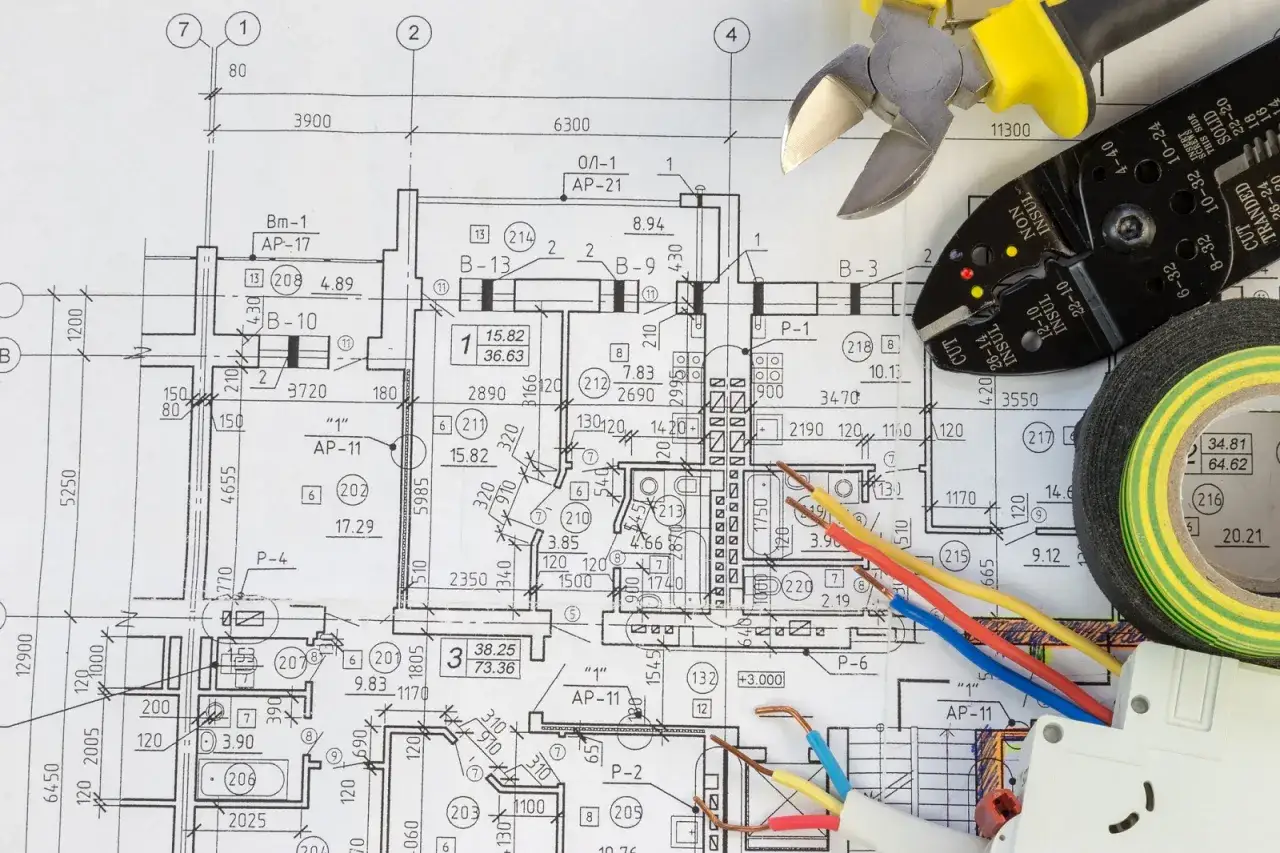 Schemat elektryczny z narzędziami i przewodami w kolorach: żółtym, niebieskim i czerwonym.