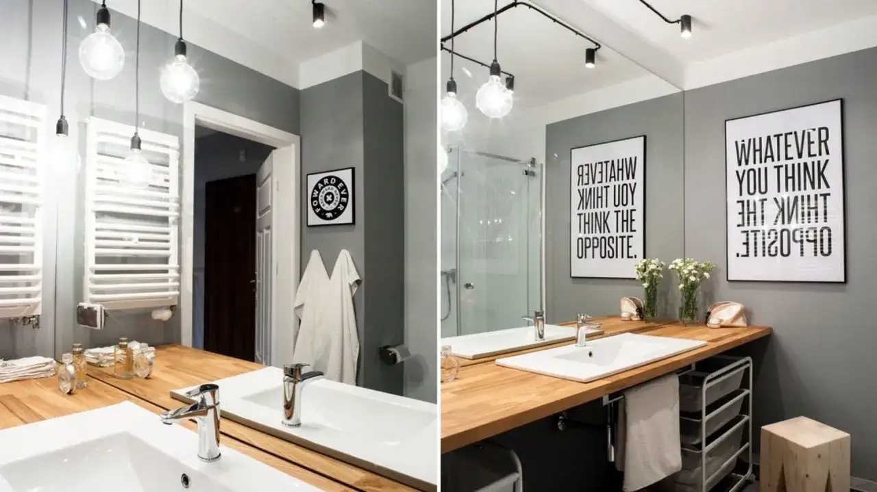 Nowoczesne inspiracje oświetlenie do łazienki: wiszące żarówki i czarne reflektory tworzą industrialny klimat. Drewniany blat i szare ściany dodają elegancji.