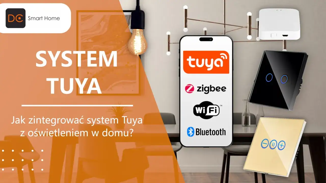Aplikacja Tuya po polsku pozwala zintegrować inteligentne oświetlenie w domu. Na ekranie telefonu widać logo Tuya i ikony Zigbee, Wi-Fi, Bluetooth.