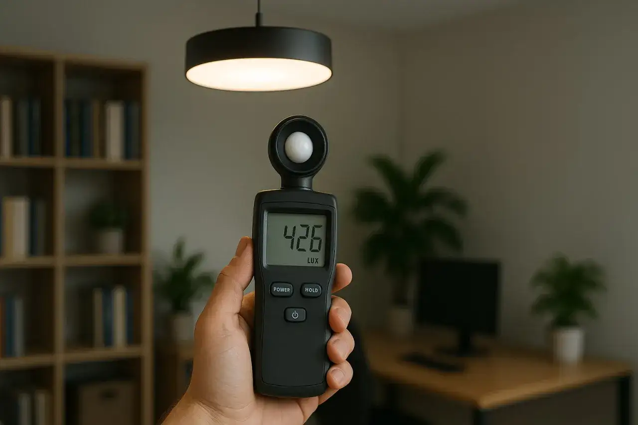 Dłoń trzyma luksomierz, mierząc natężenie światła lampy. Wynik 426 lux.