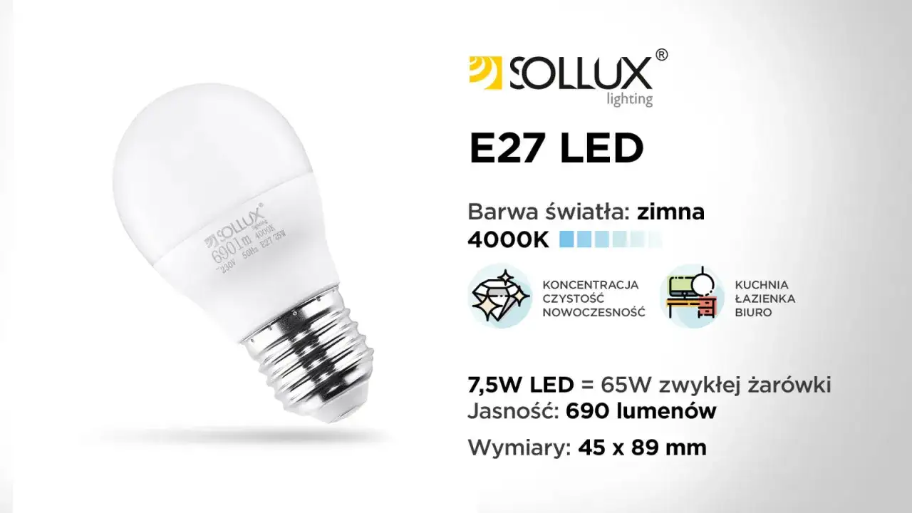 Żarówka LED E27 Sollux 7,5W, 690lm, 4000K. To nowoczesne oświetlenie, które zastąpi tradycyjny halogen. Idealna do kuchni, łazienki, biura.
