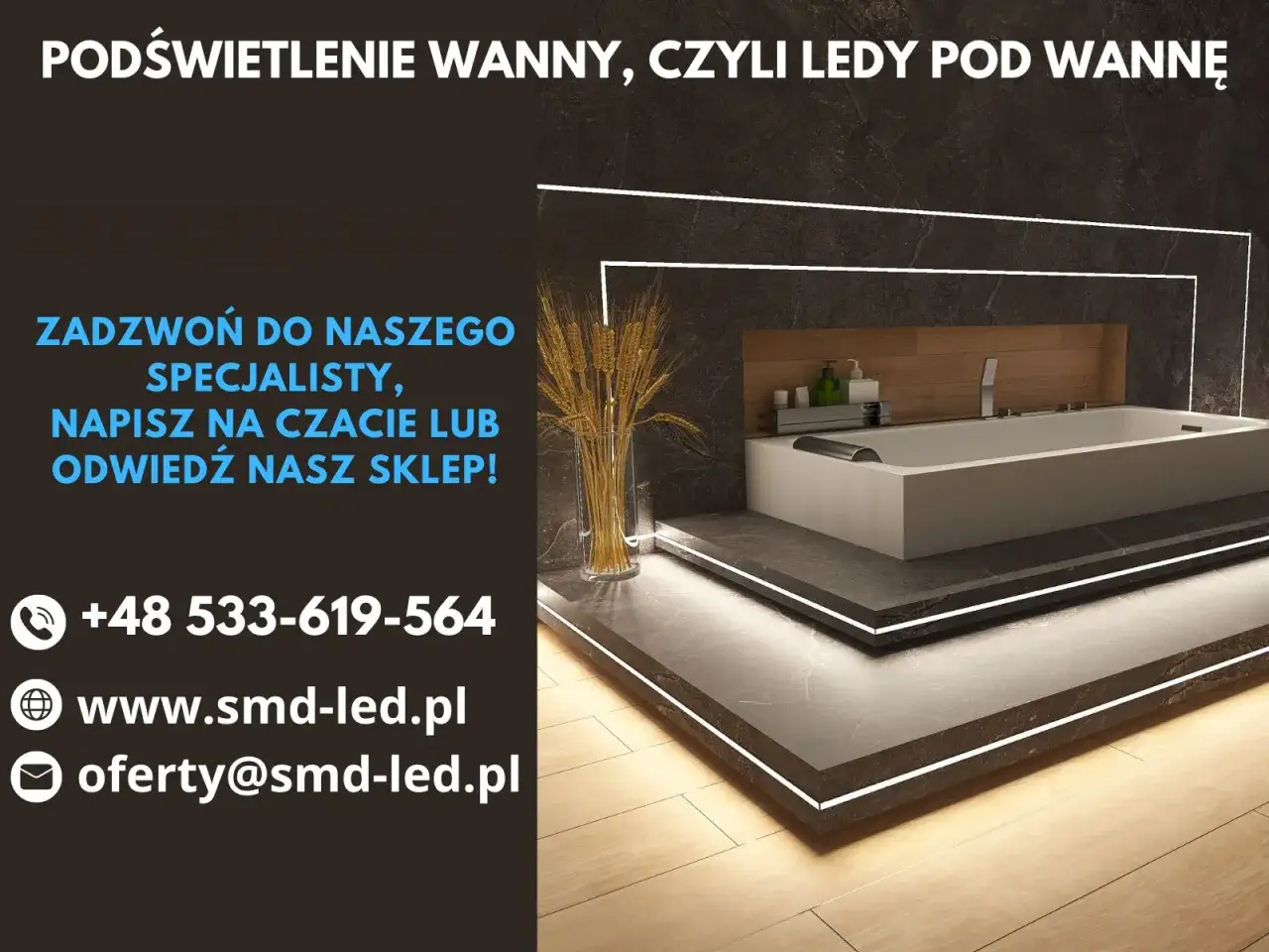 Nowoczesna łazienka z wanną i subtelnym podświetleniem LED, które tworzy relaksującą atmosferę. Skontaktuj się z nami po więcej informacji o led pod wanne.