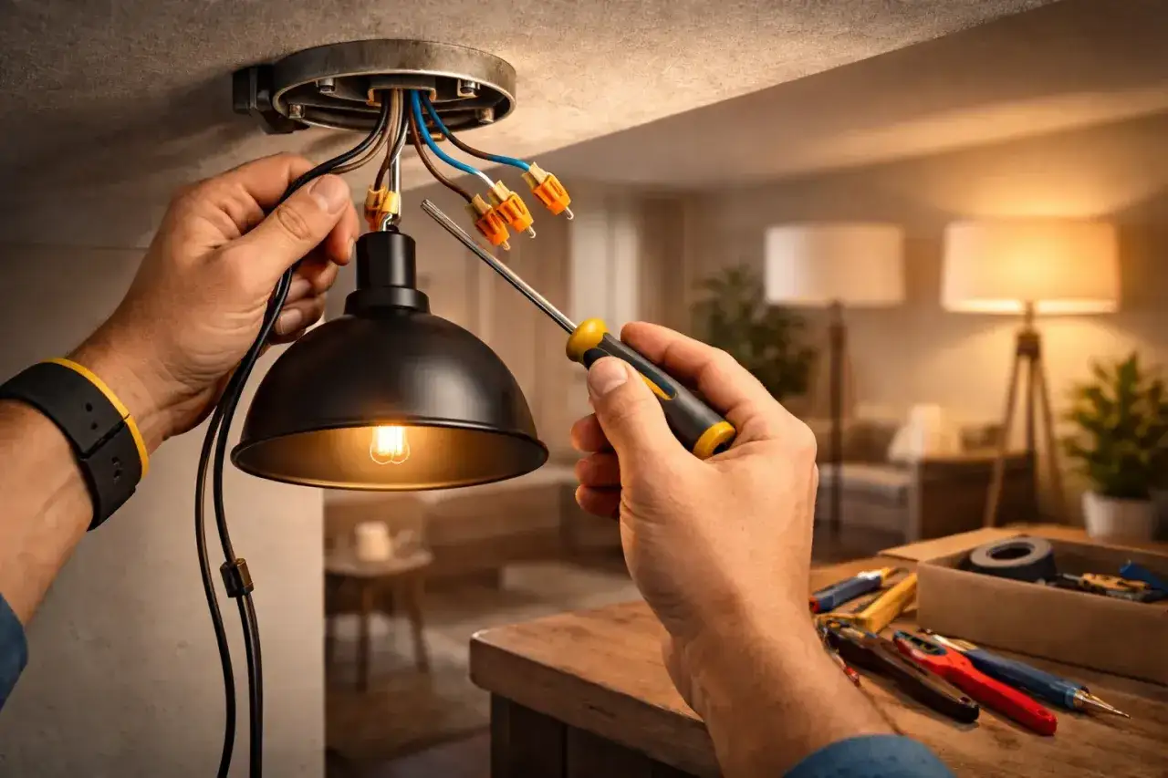 Elektryk montuje lampę, podłączając 4 kable z sufitu. 3 z nich są już w lampie, gotowe do połączenia.