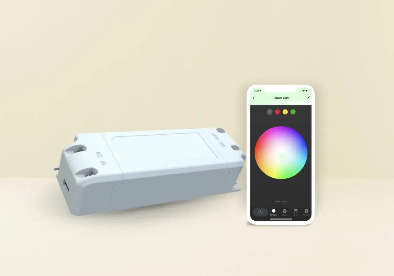 Steruj oświetleniem za pomocą tuya aplikacja. Kontroler LED i smartfon z kolorowym kołem.