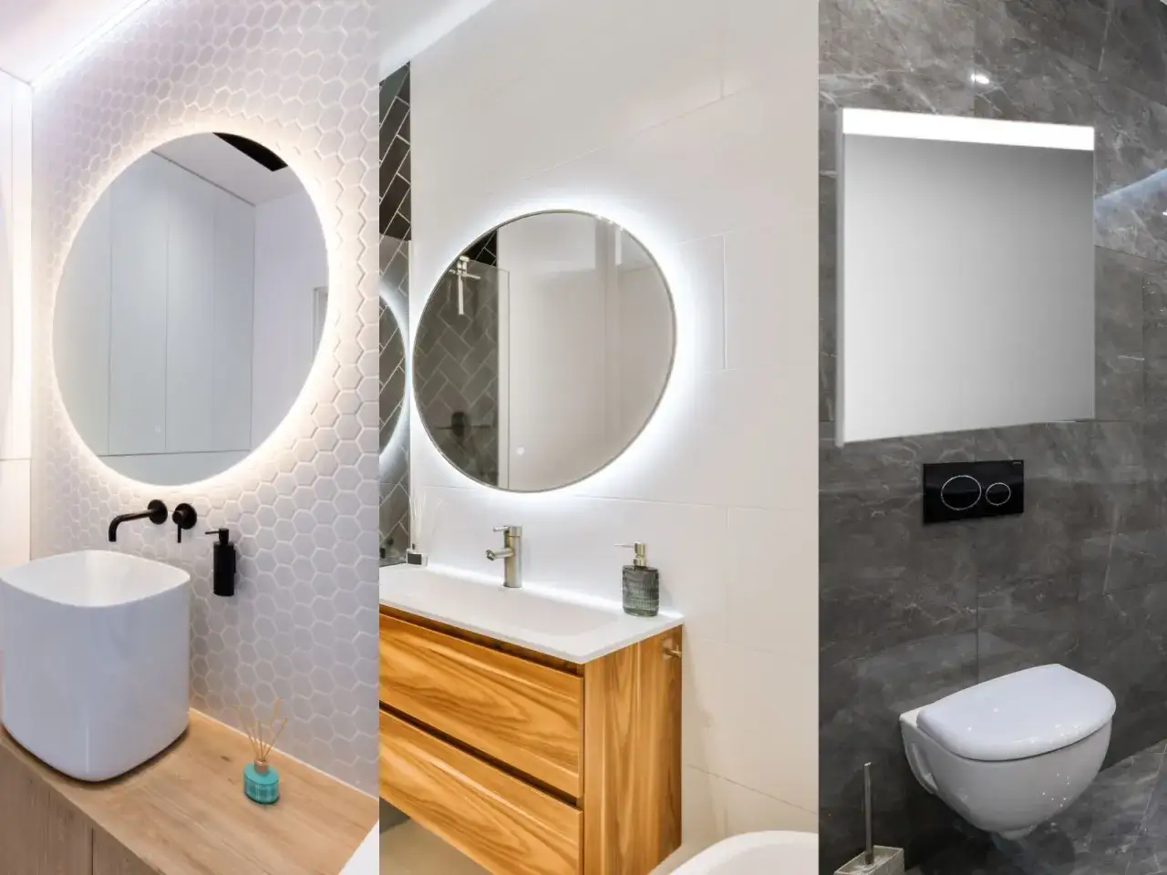 Nowoczesne łazienki z okrągłymi i prostokątnymi lustrami. Zobacz, jak podświetlić lustro od tyłu, tworząc nastrojowe oświetlenie.