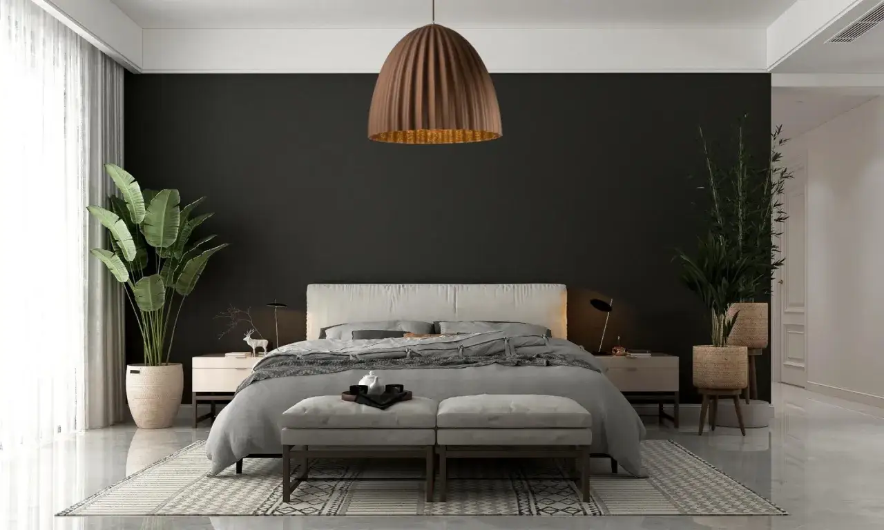 Nowoczesna sypialnia z dużą, brązową lampą wiszącą nad łóżkiem. Idealna lampa do sypialni, tworząca przytulną atmosferę.