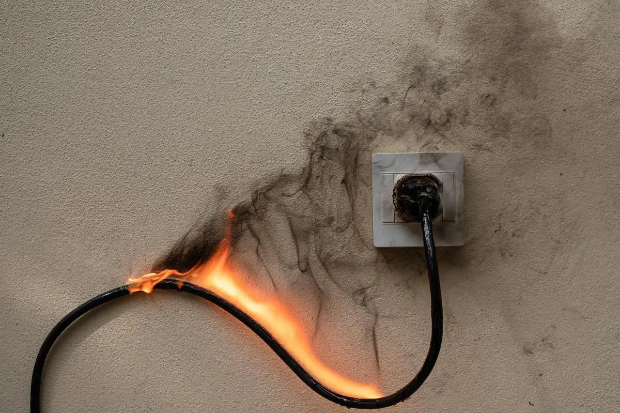 Płonący kabel podłączony do gniazdka. Dym unosi się po ścianie. To niebezpieczna kostka do kabli.