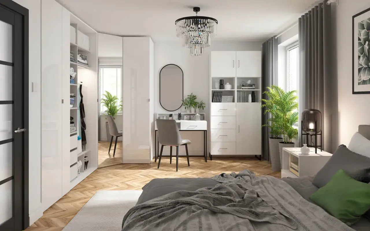 Nowoczesna sypialnia z lustrzaną szafą, biurkiem i designerską lampą. Idealna jaka lampa do sypialni.